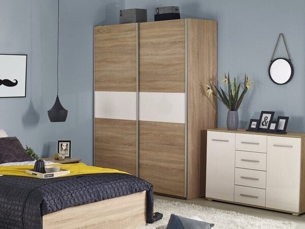 Dulap Cirveso 110, Alb lucios, Stejar Sonoma, 210x153x58cm, 126.7 kg, Uși dulap: Glisante, Numărul de rafturi: 5, Numărul de rafturi: 5