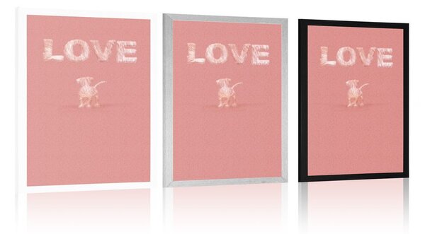 Poster cățel cu inscripție Love în design roz