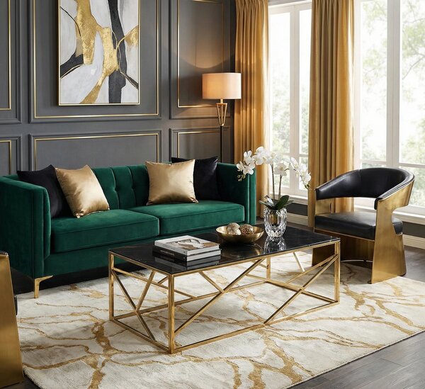 Masuta cafea ESCADA A II, negru/auriu, sticla/otel, 120x60x40 cm