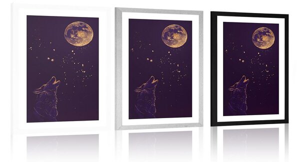 Poster cu passepartout lupul la luna plină