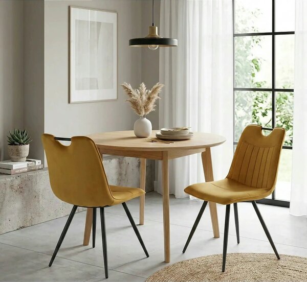 Scaun tapitat K521, galben mustar/negru, stofa catifelata, 46x58x83 cm