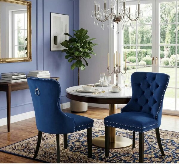 Scaun dining clasic MIYA, albastru/negru, stofa catifelata/lemn, 54x60