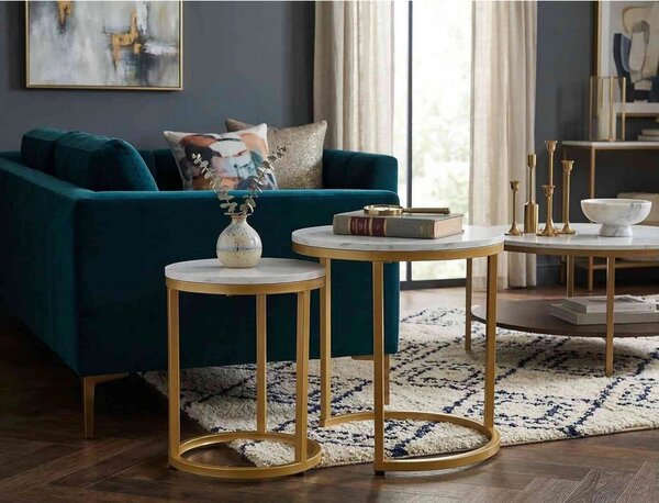 Set 2 masute cafea HOLA, alb cu efect de marmura/auriu, PAL laminat/ot