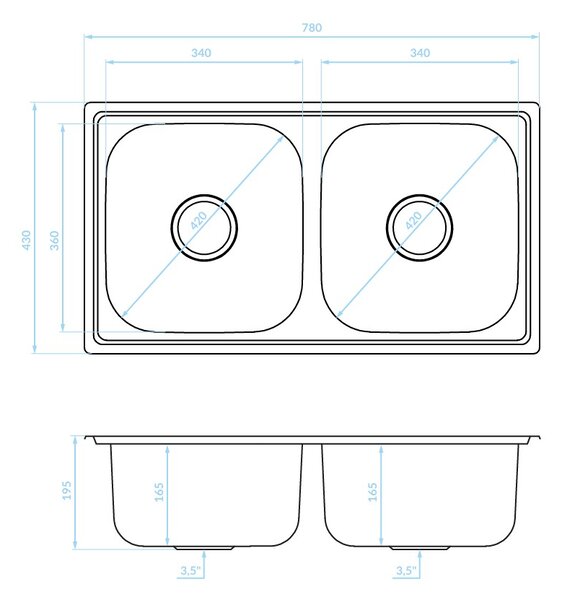 Kuchinox Standard, chiuvetă din oțel inoxidabil cu 2 compartimente 780x430x195 mm, decor canelat, oțel, LAV-SKS_320T