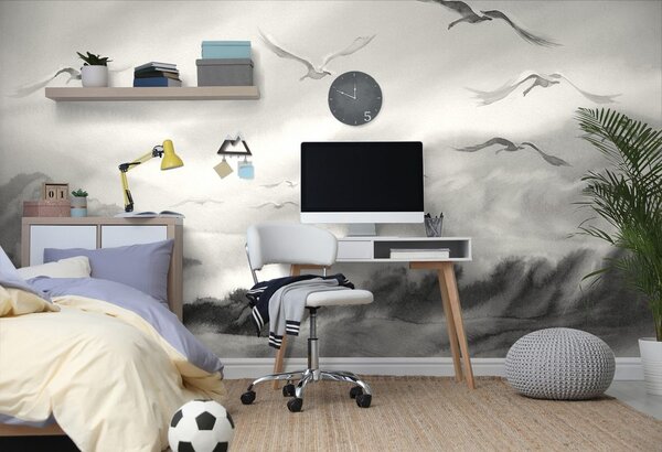 Tapet zborul păsărilor în design alb-negru