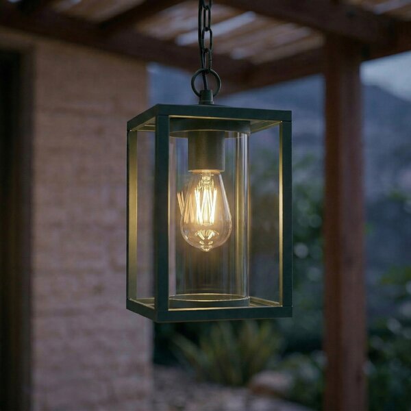 Lucande Lampa suspendată pentru exterior Ferda, verde, IP44, sticlă, E27, reglabil, Verde, Aluminiu, Modern