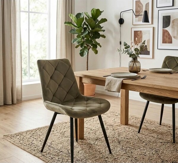 Scaun RALPH, verde olive/negru, stofa catifelata/metal, 51x42x88 cm