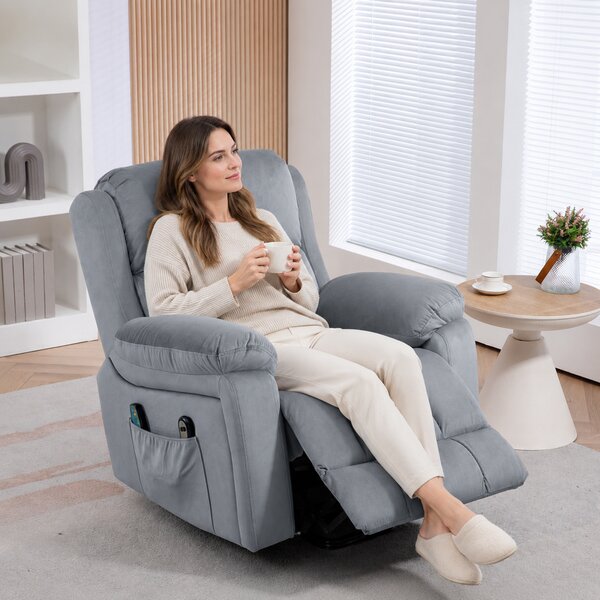HOMCOM Scaun Electric cu Masaj prin Vibrații și Căldură, Scaun din Piele pentru Vârstnici cu Telecomandă și Buzunar Lateral, 90x95x103 cm, Gri