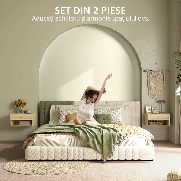 HOMCOM Set de 2 Noptiere Plutitoare, Noptiere cu Sertar din Ratan și Raft Deschis pentru Dormitor, 40x34x23 cm, Lemn Natural | Aosom Romania