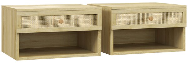 HOMCOM Set de 2 Noptiere Plutitoare, Noptiere cu Sertar din Ratan și Raft Deschis pentru Dormitor, 40x34x23 cm, Lemn Natural | Aosom Romania