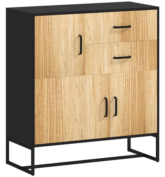 HOMCOM Bufet Modern de Depozitare cu 3 Dulapuri și 2 Sertare din Pal Melaminat și Oțel, 80x35x88 cm, Lemn Natural | Aosom Romania