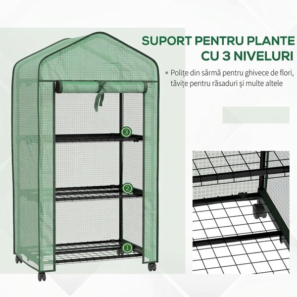 Outsunny Mini sera pe 3 nivele cu acoperis PE intarit si roti, Sera portabila pentru interior si exterior cu usa care poate fi rulata | Aosom Romania
