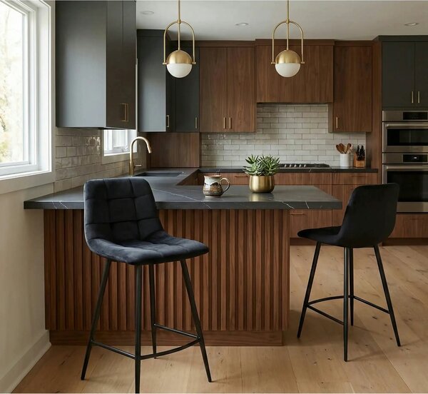 Scaun bar MILA H-2, negru, stofa catifelata/metal, 43x38x87 cm