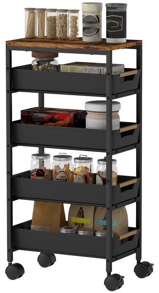 HOMCOM Cărucior de bucătărie cu 5 niveluri și 4 coșuri detașabile, din metal, PP și PAL, 39,5x24x82 cm, negru/stejar | Aosom Romania