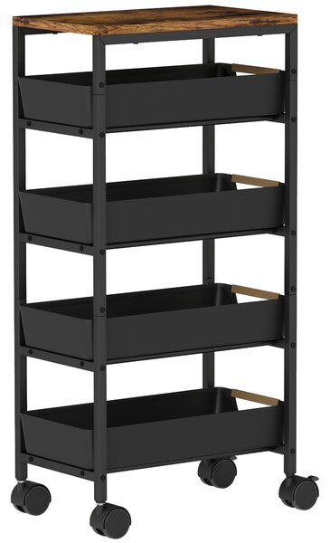 HOMCOM Cărucior de bucătărie cu 5 niveluri și 4 coșuri detașabile, din metal, PP și PAL, 39,5x24x82 cm, negru/stejar | Aosom Romania