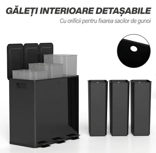 HOMCOM Coș de Gunoi cu 3 Secțiuni de 20L cu Pedală și 2 Capace cu Închidere Silențioasă, Coș de Gunoi din Oțel Inoxidabil și PP, 61.9x36.6x56.7 cm, Negru | Aosom Romania