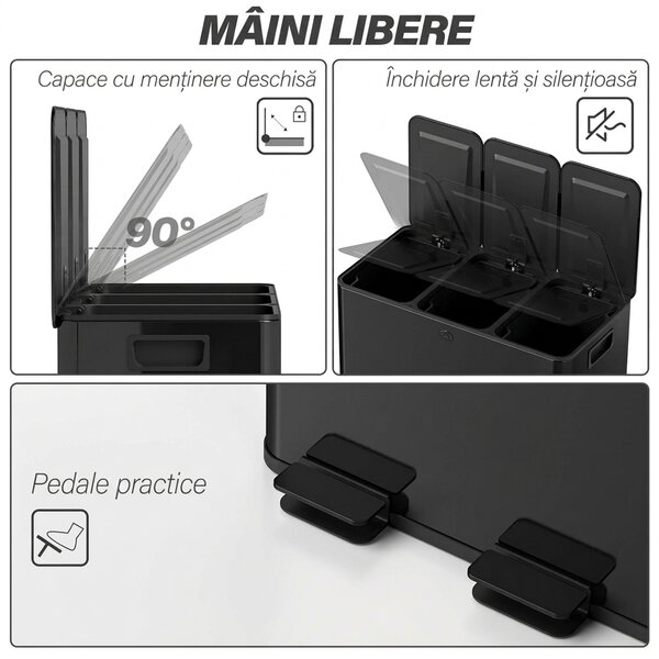 HOMCOM Coș de Gunoi cu 3 Secțiuni de 20L cu Pedală și 2 Capace cu Închidere Silențioasă, Coș de Gunoi din Oțel Inoxidabil și PP, 61.9x36.6x56.7 cm, Negru | Aosom Romania