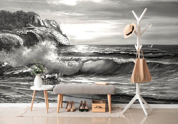Tapet dimineața la mare în design alb-negru