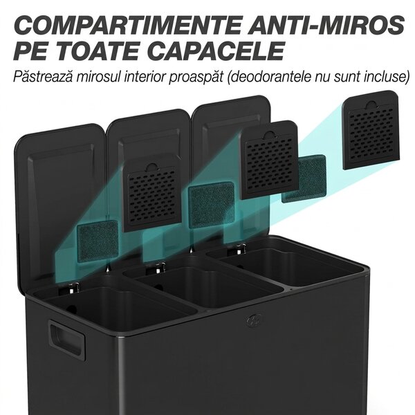 HOMCOM Coș de Gunoi cu 3 Secțiuni de 20L cu Pedală și 2 Capace cu Închidere Silențioasă, Coș de Gunoi din Oțel Inoxidabil și PP, 61.9x36.6x56.7 cm, Negru | Aosom Romania