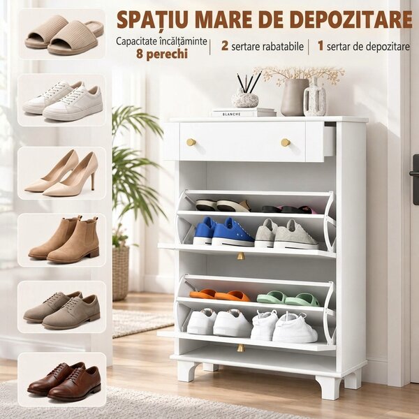 HOMCOM Dulap Pantofi Slim cu 2 Uși, Sertar, Rafturi Reglabile, 8 Perechi, MDF, PAL, 60 x 23,5 x 98,5 cm, Alb | Aosom Romania