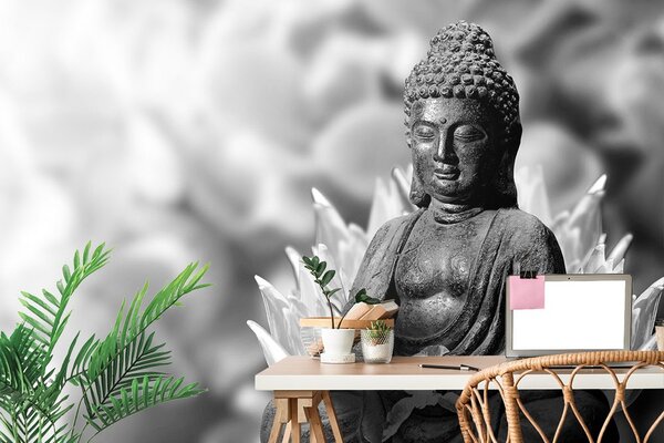 Fototapet Buddha liniștit în alb-negru