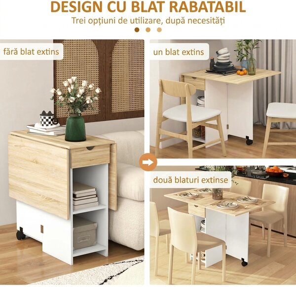 HOMCOM Masă de Dining Pliabilă cu Sertar și Rafturi, Masă Economică cu Extensii pentru Bucătărie, Sufragerie, Living, Stejar | Aosom Romania