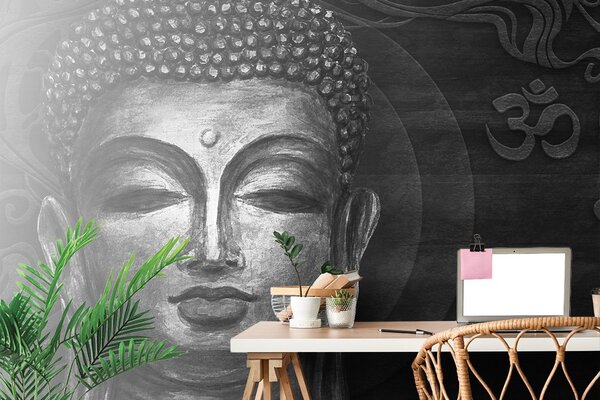Tapet autoadeziv fața lui Buddha în design alb-negru