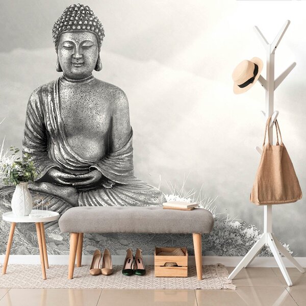 Tapet Buddha într-o poziție de meditație în alb-negru