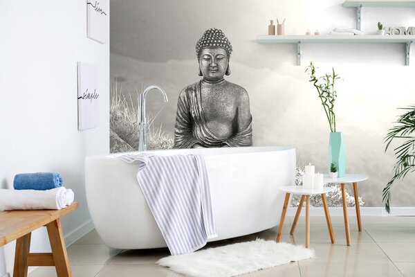 Tapet Buddha într-o poziție de meditație în alb-negru