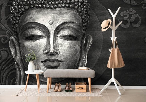 Tapet autoadeziv fața lui Buddha în design alb-negru
