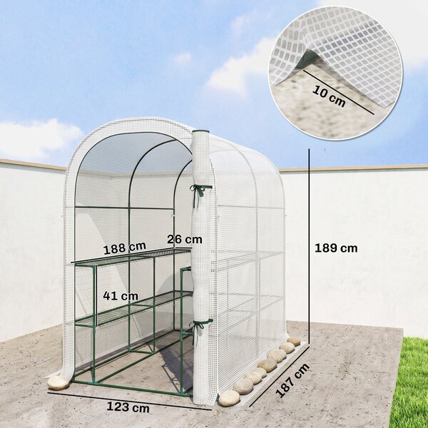 Outsunny Seră de Grădină cu Rafturi și Ușă Rulabilă, Seră pentru Grădină cu Cadru din Oțel, Acoperiș din PE Anti-UV, pentru Legume, Flori și Plante, 123x187x189 cm, Alb | Aosom Romania