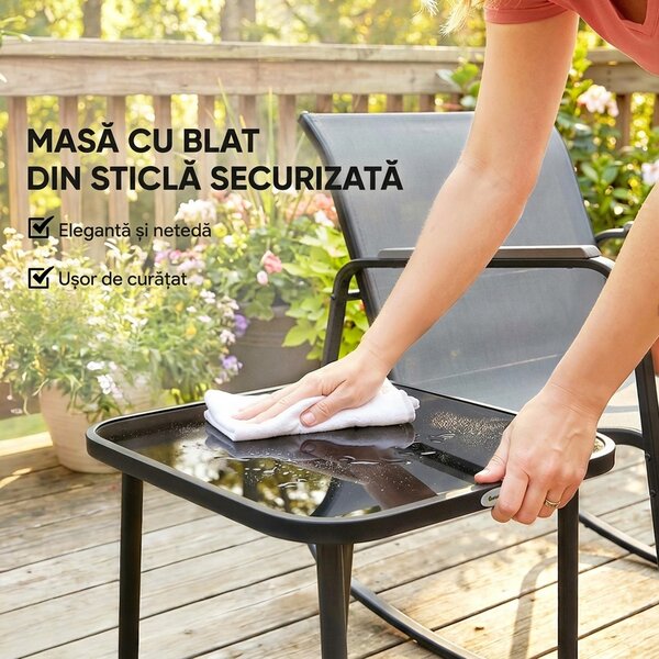 Outsunny Set Bistro din 3 Piese, Set de Grădină cu 2 Scaune de Exterior cu Mișcare de Legănare din Textilenă Respirabilă, Masă cu Blat din Sticlă, Set Masă și Scaune din Oțel pentru Terasă și Balcon, Gri | Aosom Romania