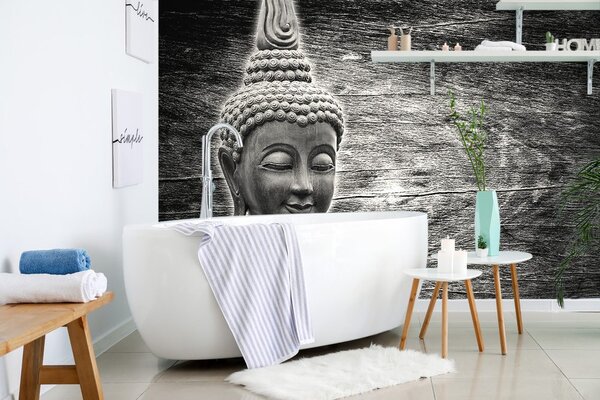 Tapet statuie Budha pe fundalul din lemn în alb-negru