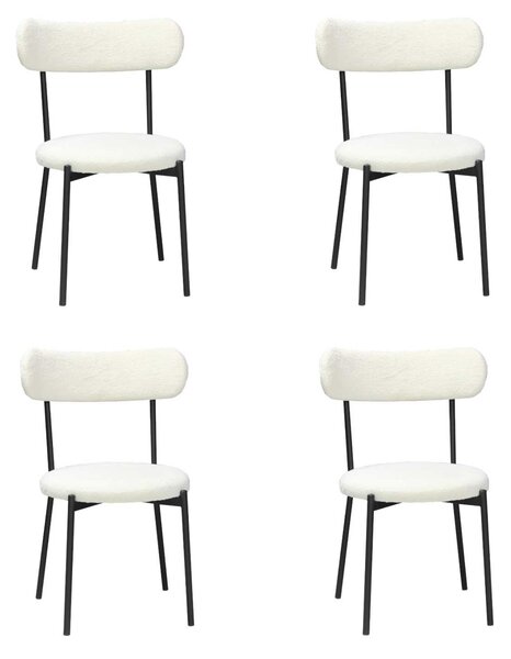 Set 4 Scaune Bucătărie Lana Alb, tapițate cu stofă boucle, picioare metalice negre, 83×53×43 cm