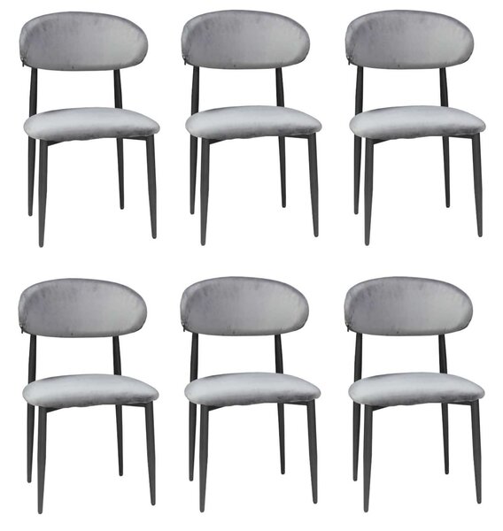 Set 6 Scaune Bucătărie Olivia Gri, Tapițate cu Stofă Tip In, Picioare Metalice Negre, 86×51×48 cm
