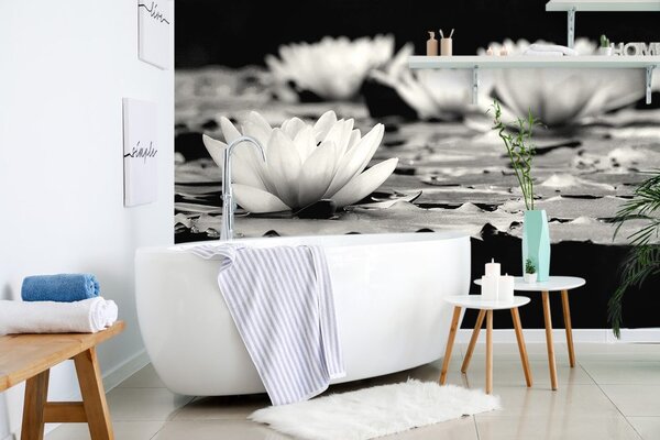 Fototapet floare de lotus în alb-negru