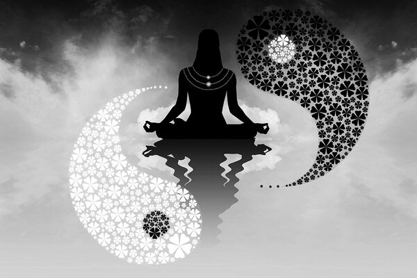 Tapet yin și yang yoga în alb-negru