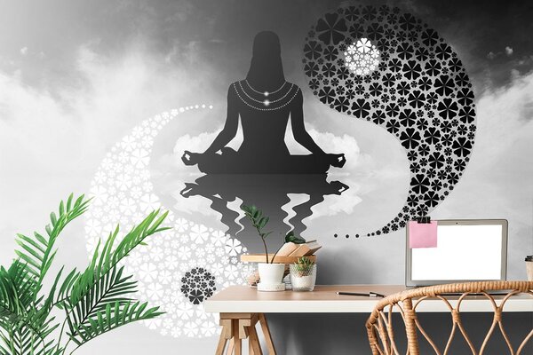 Tapet yin și yang yoga în alb-negru