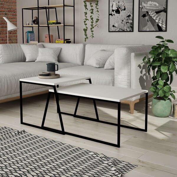 Set 2 masute cafea 855DTE2915, alb/negru, PAL melaminat/metal