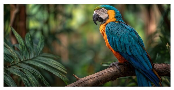 Tablou papagal printre frunze tropicale