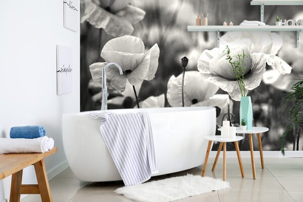 Fototapet câmp de maci sălbatici în alb-negru