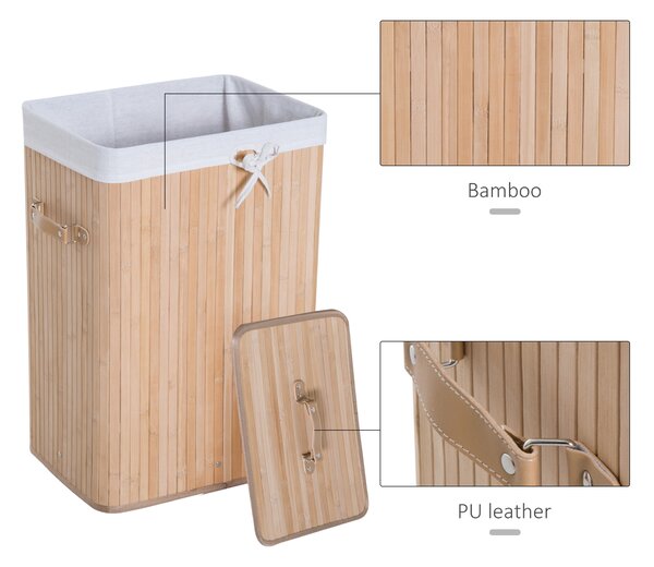 HOMCOM Coș de Rufe din Bambus cu Capac și Geantă Detașabilă, 40x30x60cm, Design Natural | Aosom Romania