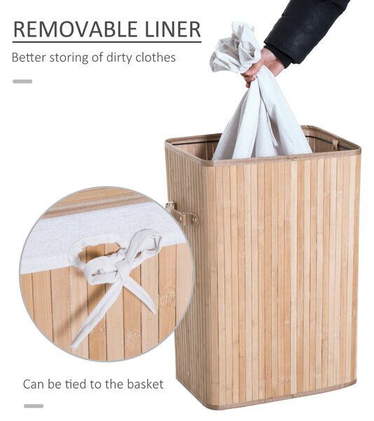 HOMCOM Coș de Rufe din Bambus cu Capac și Geantă Detașabilă, 40x30x60cm, Design Natural | Aosom Romania