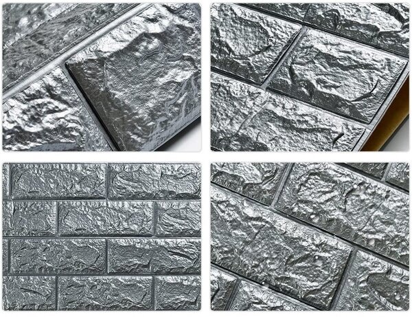 Tapet 3D Silver design perete modern din caramida in relief, Autoadeziv , 77x70 cm