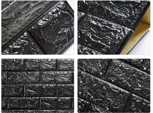 Tapet 3D Black design perete modern din caramida in relief, Autoadeziv , 77x70 cm