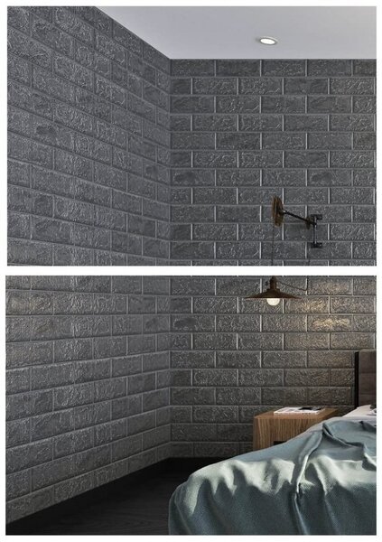 Tapet 3D Silver design perete modern din caramida in relief, Autoadeziv , 77x70 cm