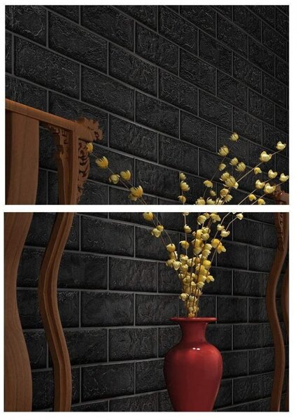 Tapet 3D Black design perete modern din caramida in relief, Autoadeziv , 77x70 cm