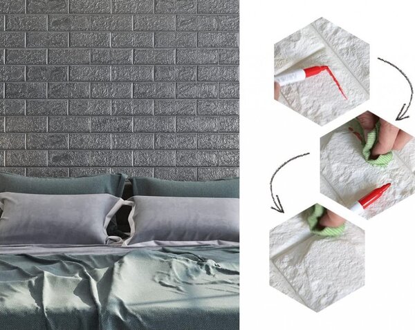 Tapet 3D Silver design perete modern din caramida in relief, Autoadeziv , 77x70 cm