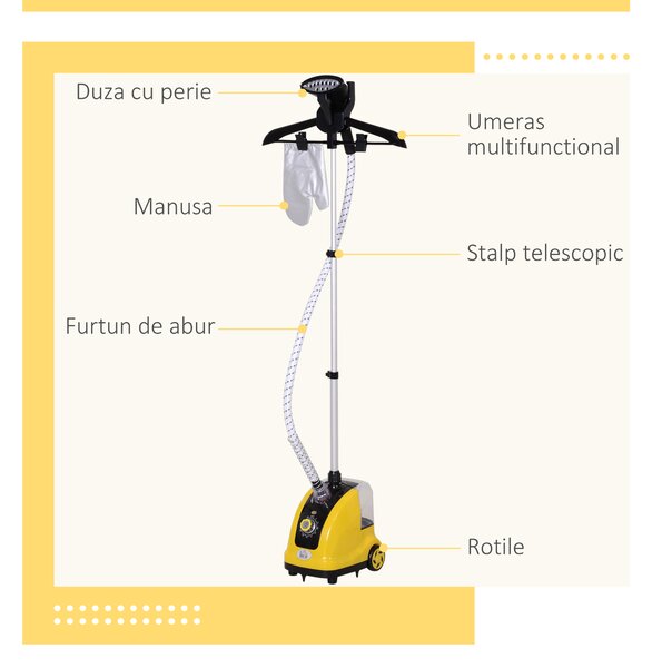 HOMCOM fier de calcat vertical cu vapor 1.4L 1800W, galben | Aosom Romania