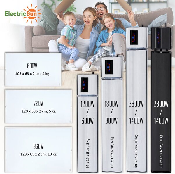 1200W si 600W ElectricSun alb, panouri radiante infrarosu cu termostat si Wi-Fi cu aplicatie internet TUYA, 94x15 cm